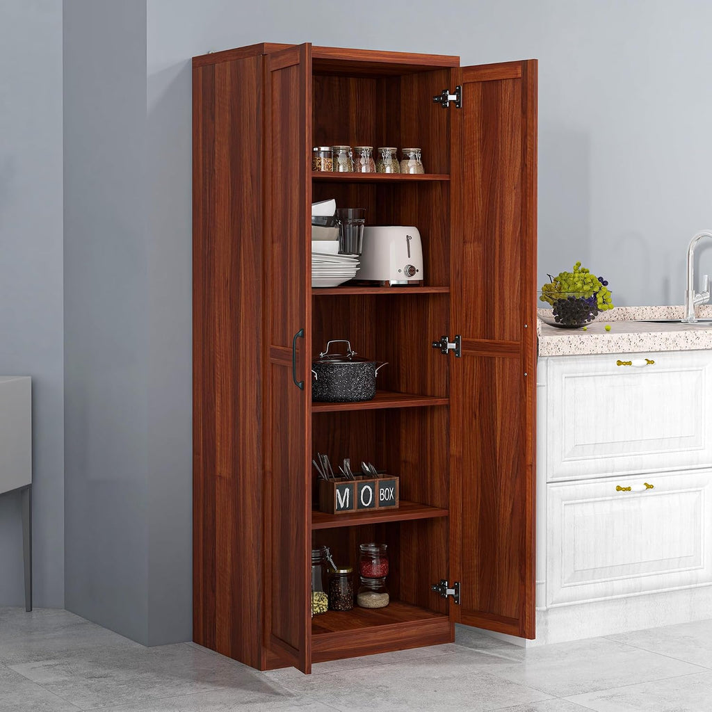63" Tan Kitchen Pantry Cabinet - 5-Tier Storage, Adjustable Shelves, Farmhouse Style for Dining/Kitchen