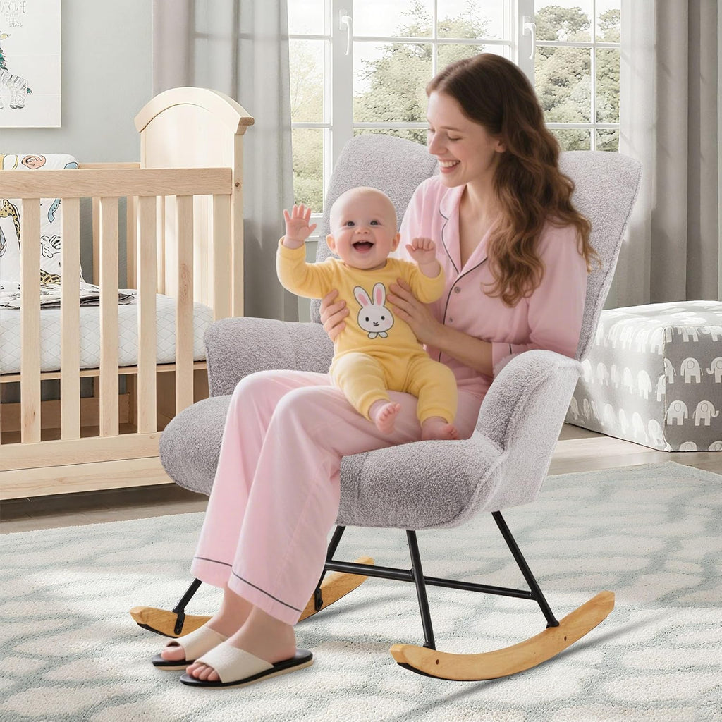 Zedachica Rocking Chair Nursery Teddy Upholstered Glider Rocker Rocking Accent Chair Padded Seat with High Backrest Armchair Comfy Side Chair for Living Room Bedroom Offices (Grey Teddy)