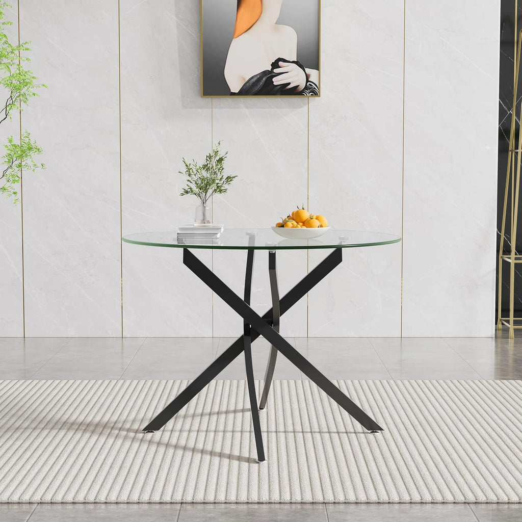 SSLine Modern 5-Piece Round Glass Dining Table Set for 4, Luxury 36" Circle Clear Glass Top Dining Room Table with 4 Clear Tufted Chairs for Kitchen Home Office