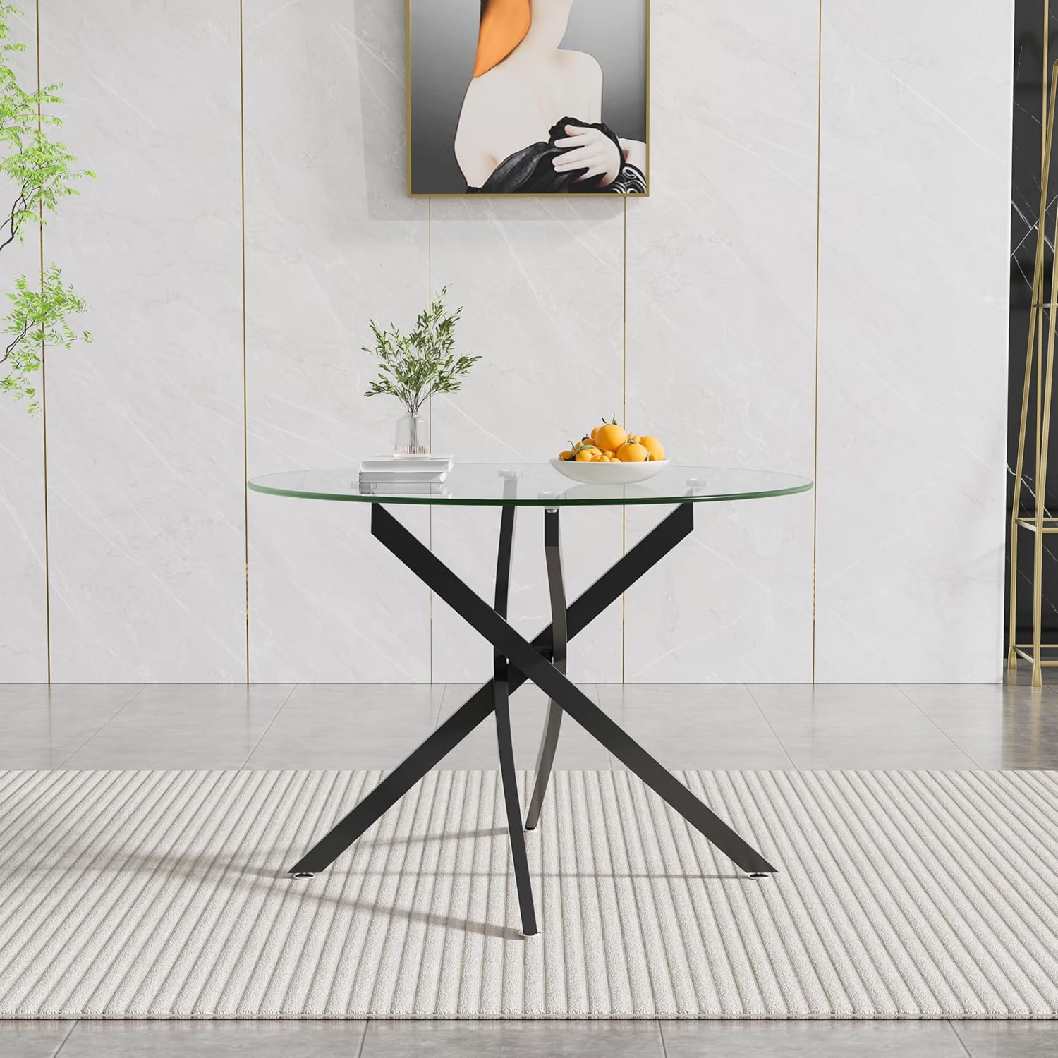 36" Round Glass Dining Table for 4, Circle Kitchen Table with Tempered Glass Top and Black Metal Cross Legs, Modern Small Glass Coffee Dinner Table for Kitchen Dining Room Apartment Office