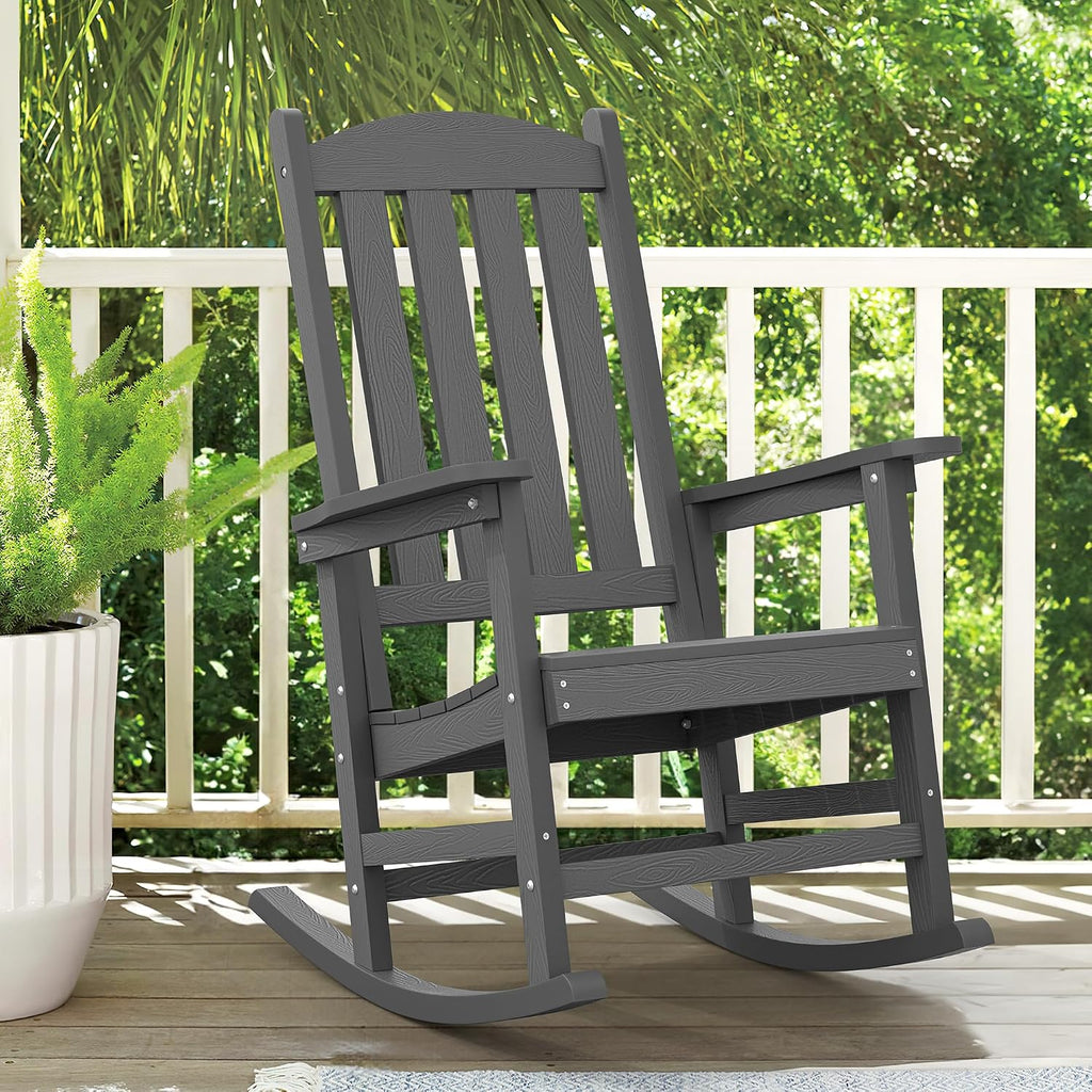 LUE BONA Outdoor Rocking Chair, HDPS Poly Rocking Chairs, All Weather Resistant Plastic Outdoor Indoor Porch Rocker, Heavy Duty Rocking Chair for Patio, Lawn, Garden, 300LBS, Dark Gray