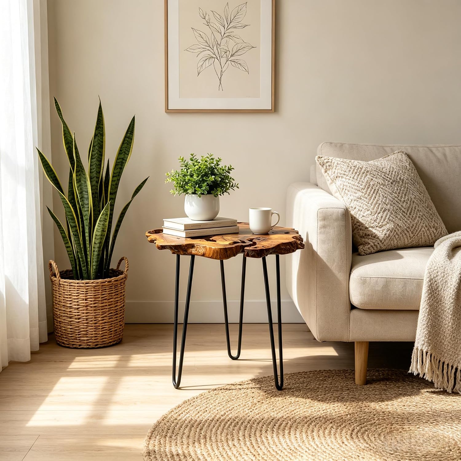 Live Edge Side Table, Natural Edge Wood End Table with Hairpin Legs, Unique Natural Wood Table for Living Room, Bedroom, Farmhouse Decor (Medium)