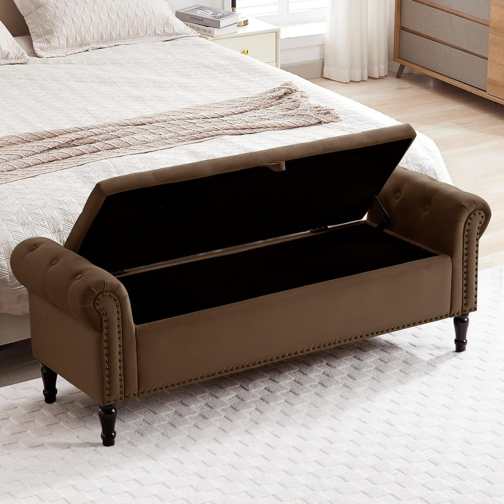 67'' End of Bed Bench King Size, Storage Bench for Bedroom End of Bed, Upholstered Tufted Storage Ottoman Benches with Arms for Living Room, Entryway, Windows, Brown