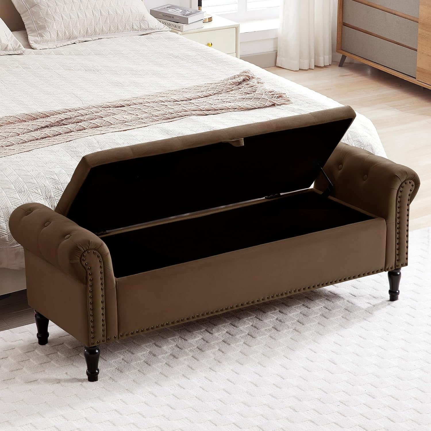 67'' End of Bed Bench King Size, Storage Bench for Bedroom End of Bed, Upholstered Tufted Storage Ottoman Benches with Arms for Living Room, Entryway, Windows, Brown