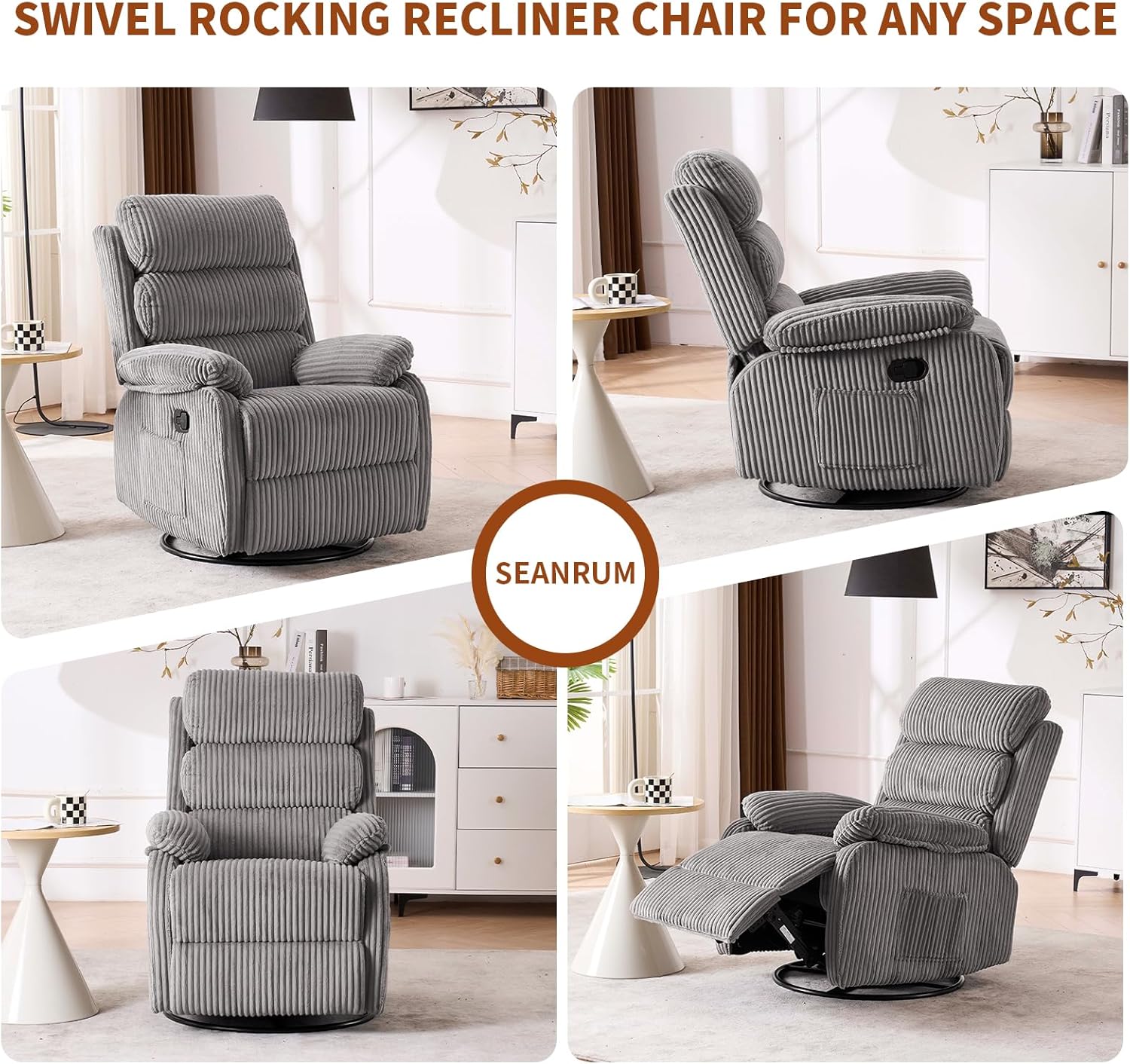 Premium Velvet 360° Swivel Rocker Recliner with Extended Footrest - High Back Glider Chair for Nursery, Living Room & Small Spaces, Featuring Padded Armrests and Handy Side Pocket, Grey