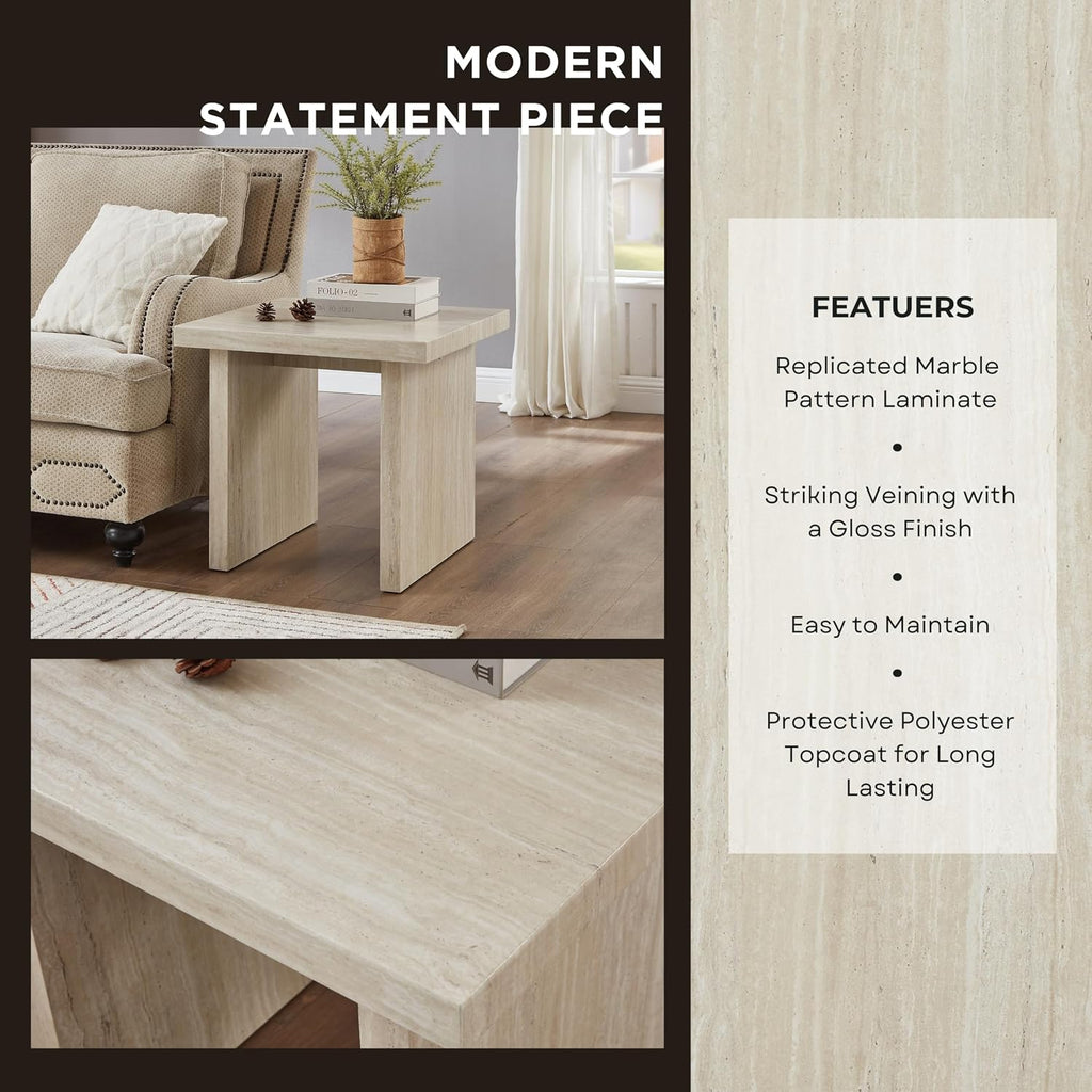 Roundhill Furniture Cavira Modern Faux Marble Living Room End Table, Beige
