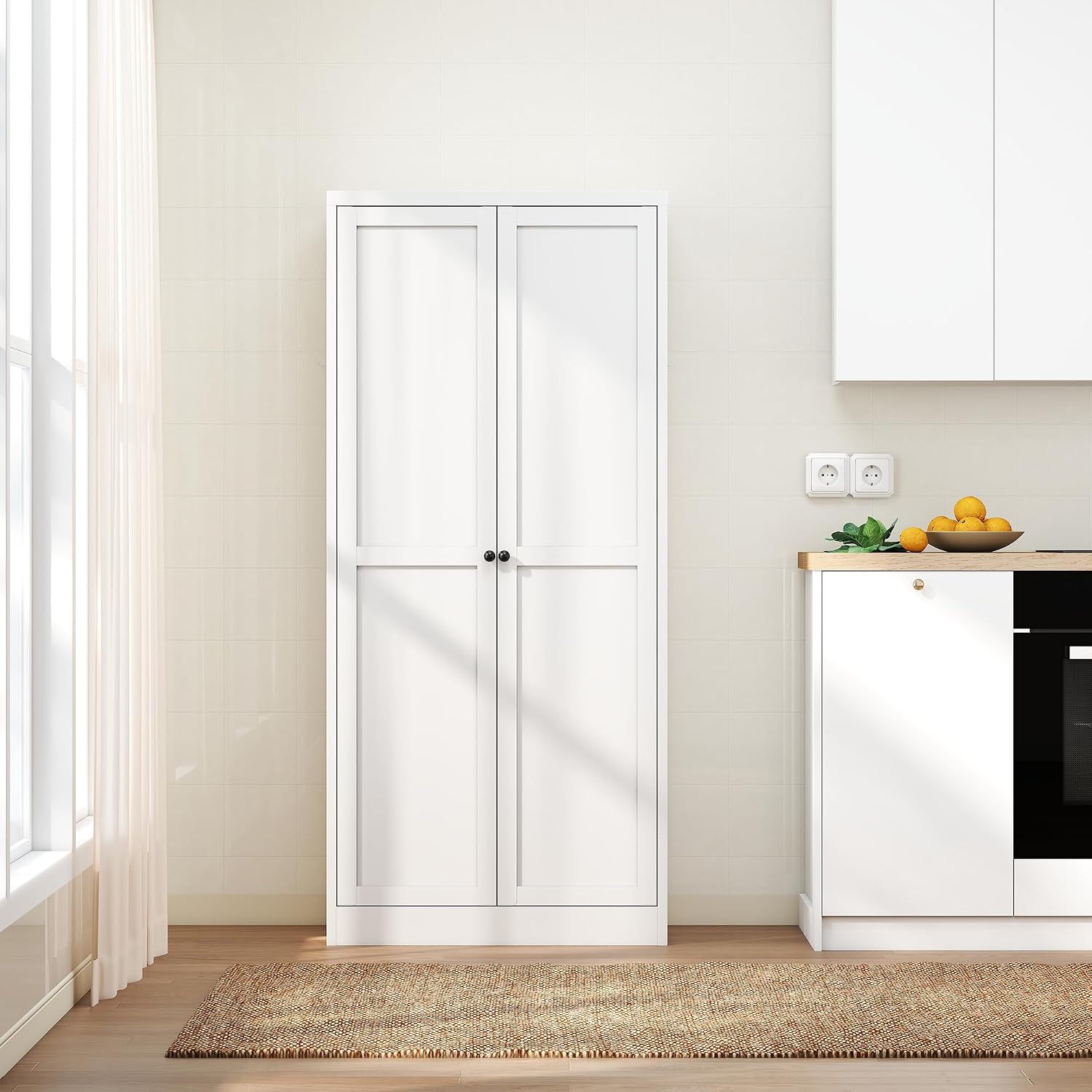 61" Tall Metal Kitchen Pantry Cabinet with 2 Doors & Adjustable Shelves, Heavy-Duty Freestanding Storage Credenza Organizer Utility Cupboard for Pantry, Kitchen, Bathroom,White