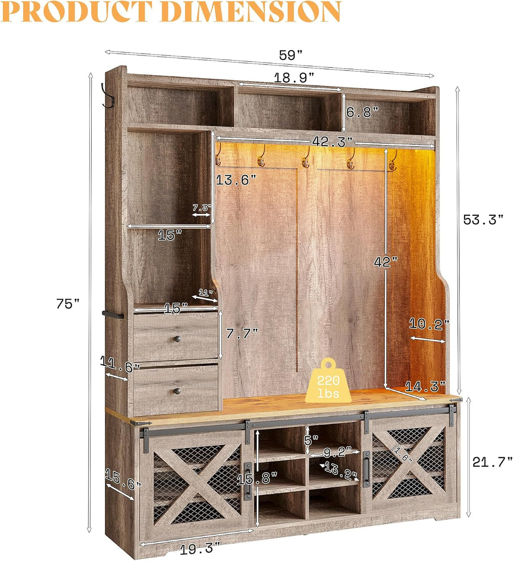 AMERLIFE 75"H 7-in-1 Farmhouse Hall Tree with Bench and shoe storage, LED Entryway Bench with Coat Rack, 12 Shoe Cubbies, 2 Drawers, Barn Doors & Adjustable Shelf, Mudroom Hallway Cabinet, Rustic Grey