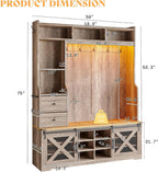 AMERLIFE 75"H 7-in-1 Farmhouse Hall Tree with Bench and shoe storage, LED Entryway Bench with Coat Rack, 12 Shoe Cubbies, 2 Drawers, Barn Doors & Adjustable Shelf, Mudroom Hallway Cabinet, Rustic Grey