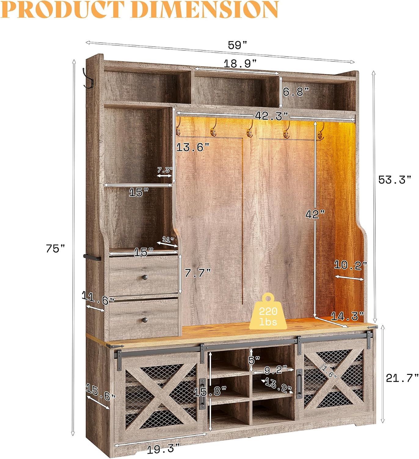AMERLIFE 75"H 7-in-1 Farmhouse Hall Tree with Bench and shoe storage, LED Entryway Bench with Coat Rack, 12 Shoe Cubbies, 2 Drawers, Barn Doors & Adjustable Shelf, Mudroom Hallway Cabinet, Rustic Grey