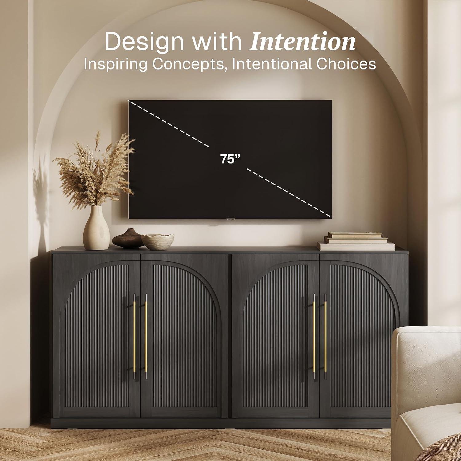 BELLEZE 65 Inch Sideboard Cabinet with Double-Arc Wood Doors, Large Buffet Cabinet with Storage and Adjustable Shelves, Classic Modern Console Table for Dining Room Living Room Entryway (Ebony)