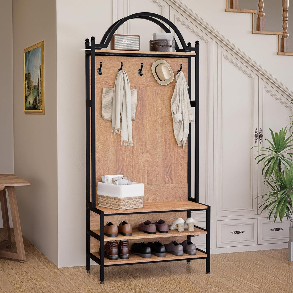 76.8" Hall Tree with Bench and Shoe Storage, 6-in-1 Entryway Coat Rack with 5 Hooks, Arched Hall Tree for Entryway, Mudroom or Foyer, Metal Frame Shoe Organizer with Open Bottom Shelf, Natural