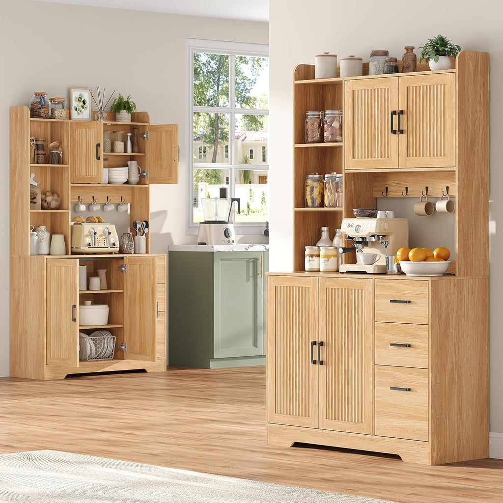 Kitchen Pantry Cabinet with Charging Station, 68" Tall Storage Cabinet with 3 Drawers, 2 Cabinets, Open Shelves, Fluted Doors, Wood Kitchen Hutch with Microwave Stand for Dining Room Living Room