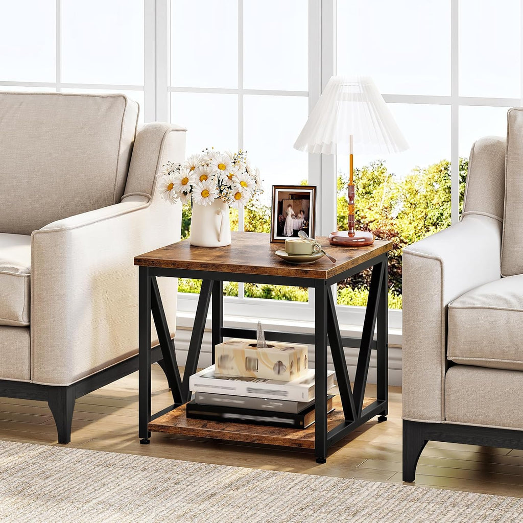 HOOBRO Mini Fridge Stand with 2-Tier Storage Shelf, 19.7” Square End Table, Mini Fridge Table with Wheels and Adjustable Feet, Sturdy Metal Frame for Living Room, Bedroom, Rustic Brown BF01BX01