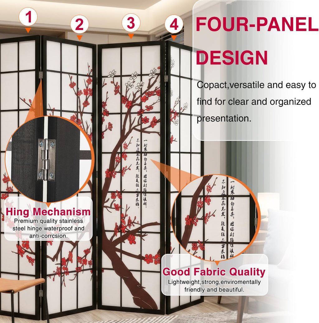 Room Divider,4 Panel Folding Privacy Divider Portable Room Separating Dividers Asian-Style Screen Wall Wood Dividers Tall Freestanding Partition Screen w/Floral Patterned