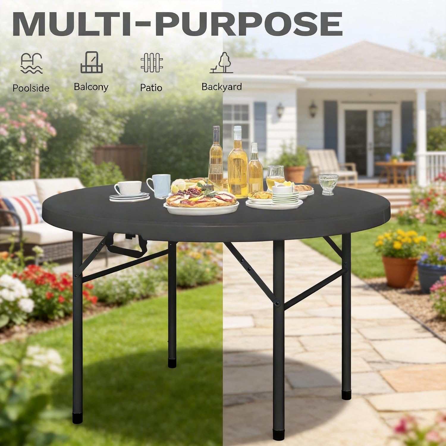 DWVO Heavy Duty 48 Inch Round Folding Table Black Plastic Outdoor Indoor Portable Banquet Setup Ideal for Parties Camping BBQ Events Garden Gatherings with Sturdy Metal Frame and Easy Storage Design