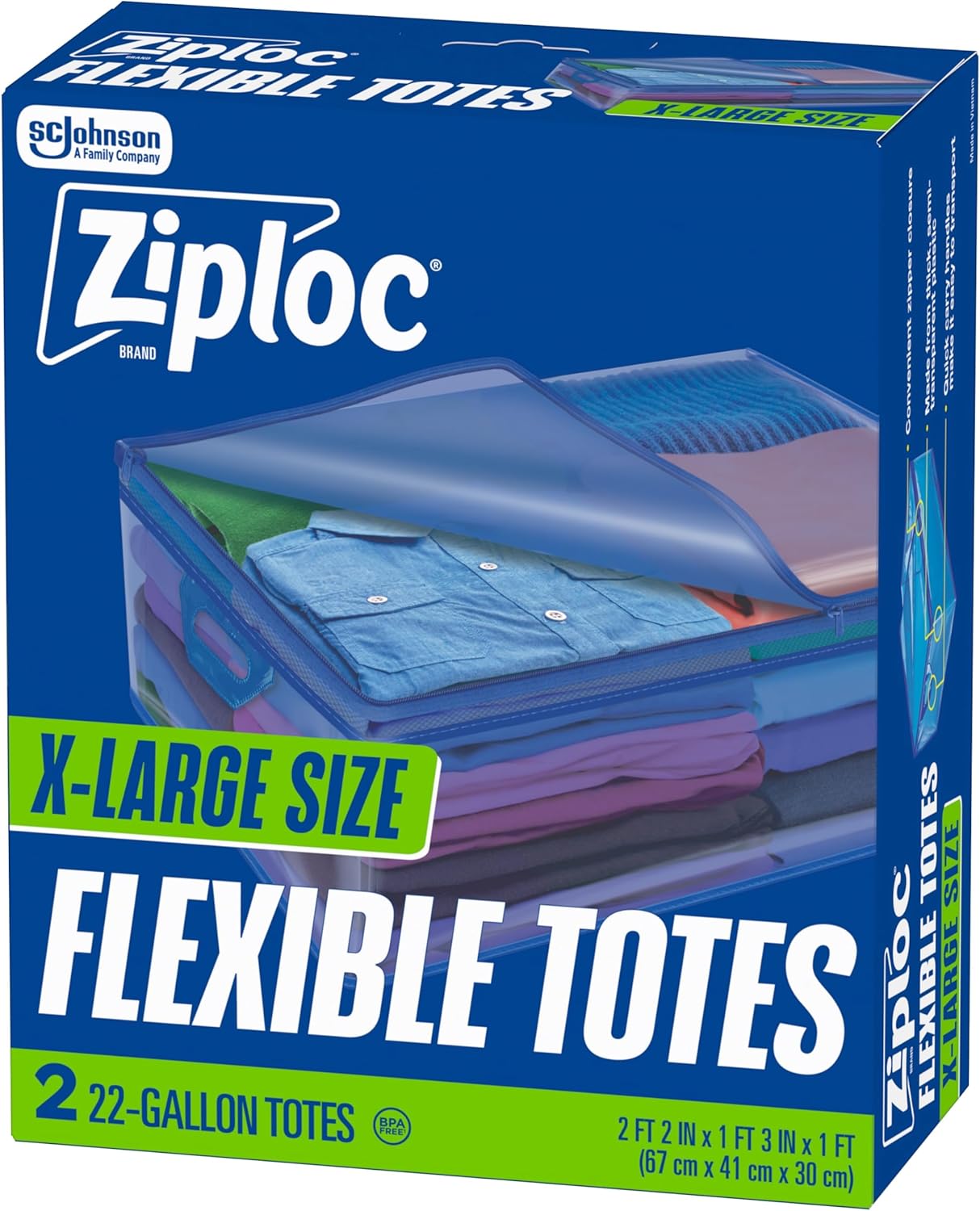 Ziploc Flexible Totes, X-Large Size, 22 Gallon, 2 Count Organizing Tote with Zipper and Built‑In Handles, Flexible & Stackable Clothing and Home Storage Bag