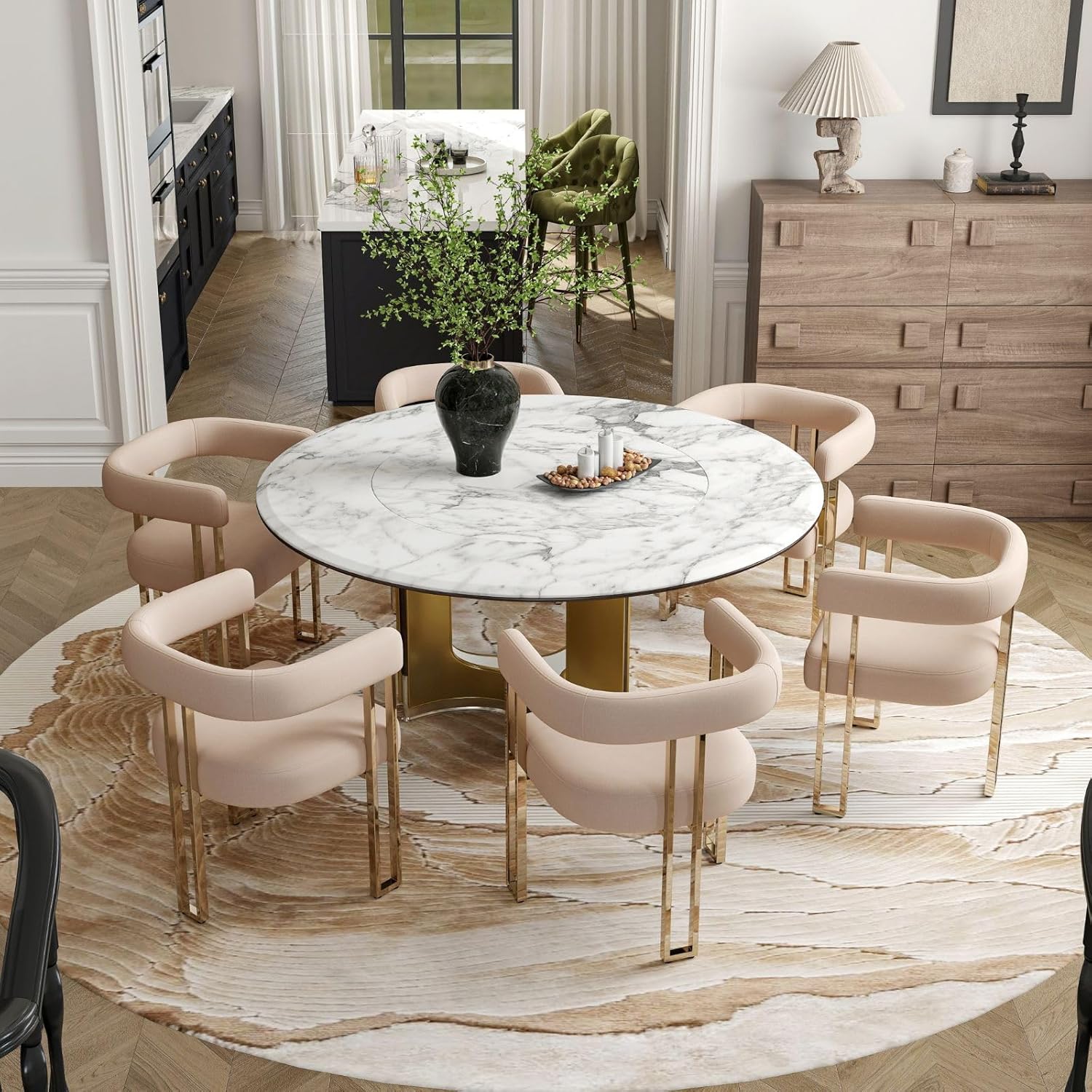 Khaki Velvet Barrel Dining Chairs Set of 2, Modern Upholstered Dining Room Chairs with Gold Metal Legs&Armrest, Boucle Dining Chair Kitchen Chair for Restaurant Banquet
