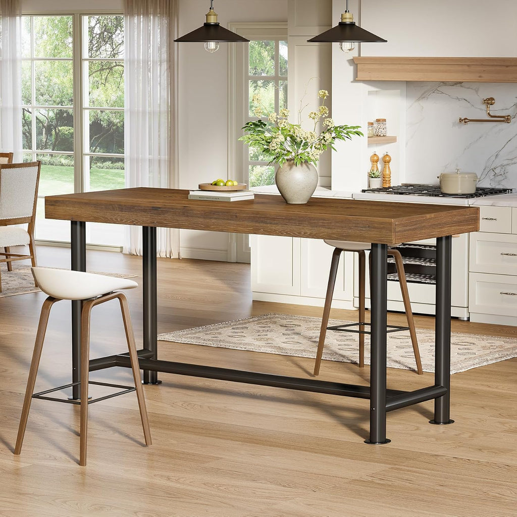 63" Solid Wood Bar Table, Long Counter Height Pub Top Table, Narrow Dining Breakfast Bar Units with Metal Sturdy Legs for Home Kitchen, Living Room, Bistro, Easy to Assemble