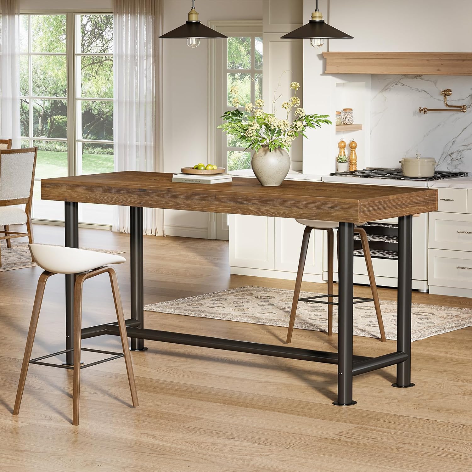 63" Solid Wood Bar Table, Long Counter Height Pub Top Table, Narrow Dining Breakfast Bar Units with Metal Sturdy Legs for Home Kitchen, Living Room, Bistro, Easy to Assemble