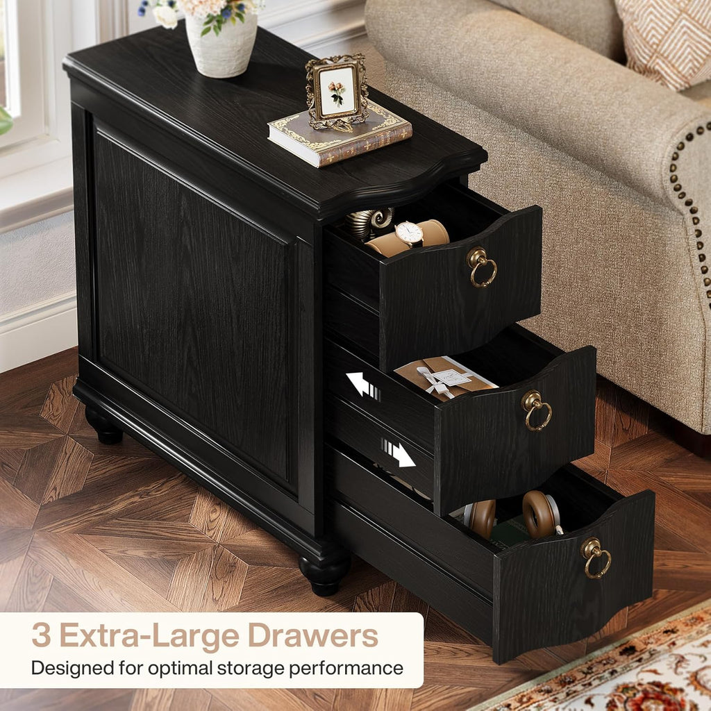 Tribesigns Wood Black End Table Set of 2, 3-Drawers Fully Assembled Narrow Slim Side Table, No Assembly Required, Nightstand for Bedside, Small Spaces, Living Room, Bedroom