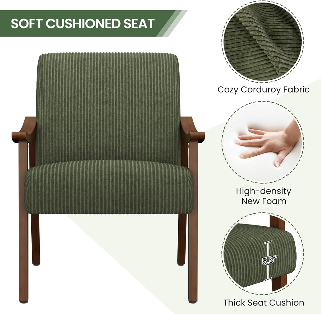 Yaheetech Corduroy Accent Chair, Mid-Century Modern Armchair with Solid Wood Legs, Reading Leisure Chair with High Back for Living Room Bedroom Waiting Room Dark Green