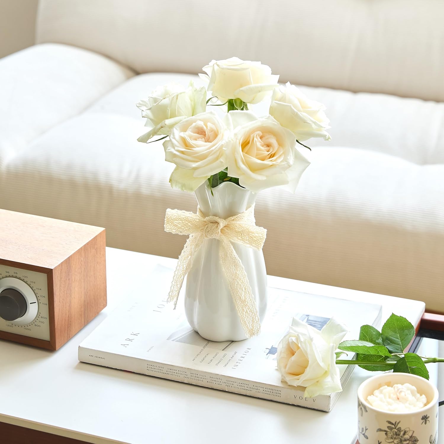 White Ceramic Flower Vase, 8'' Modern Decorative Vases Minimalism Boho Vases for Home Decor, White Vase for Table Centerpieces Living Room Office Wedding Farmhouse Decor