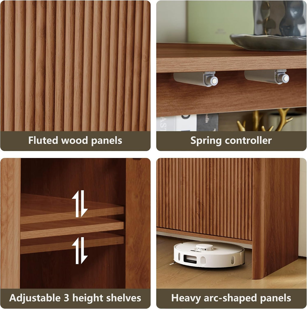 Walnut Sideboard Cabinet, Mid Century Farmhouse Fluted Credenza Sideboard Long Buffet Cabinet with Storage for Kitchen, Dining Room Coffee Buffet, Office, Living Room TV, Entryway, Hallway - 4 Doors