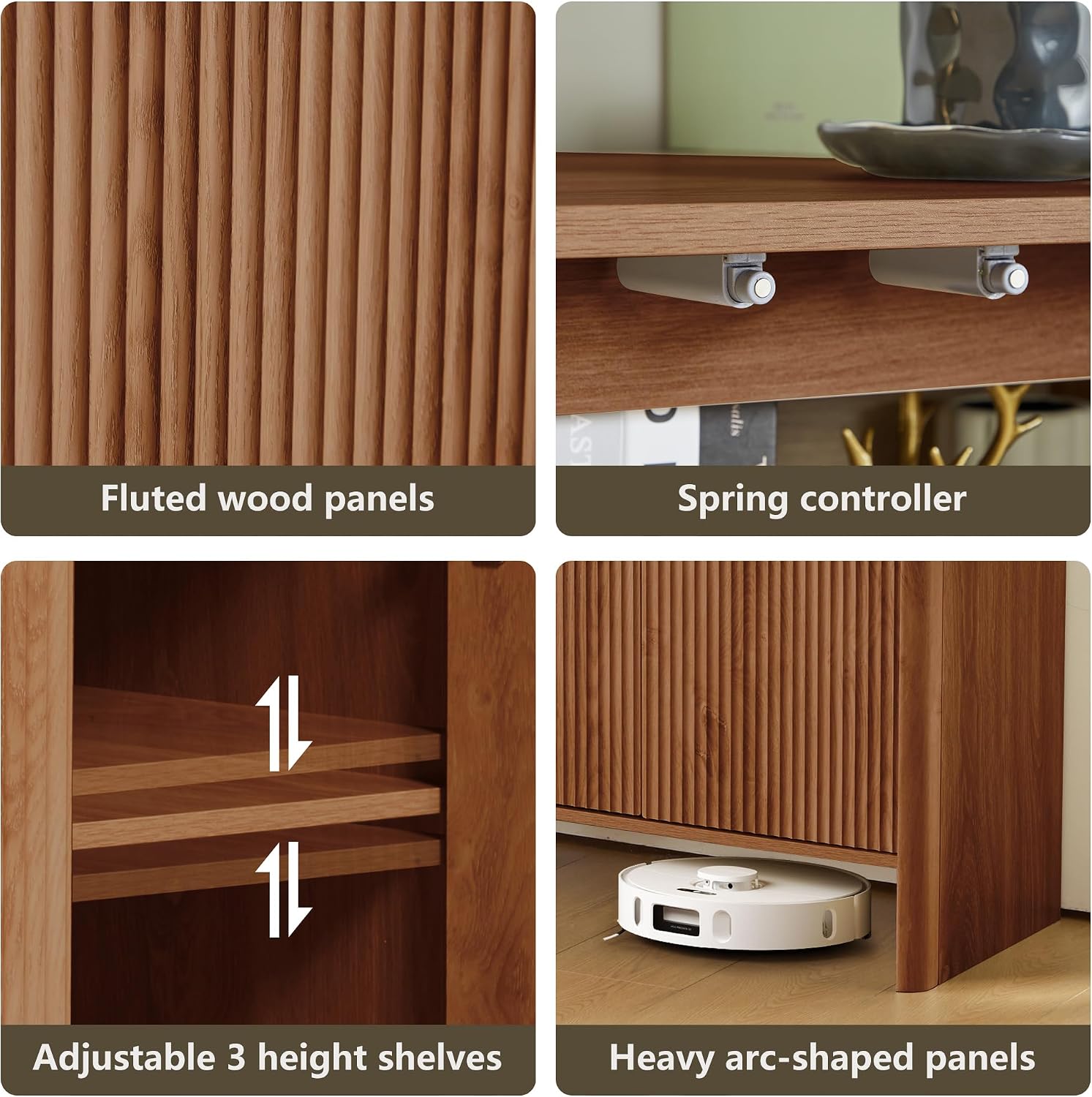 Walnut Sideboard Cabinet, Mid Century Farmhouse Fluted Credenza Sideboard Long Buffet Cabinet with Storage for Kitchen, Dining Room Coffee Buffet, Office, Living Room TV, Entryway, Hallway - 4 Doors