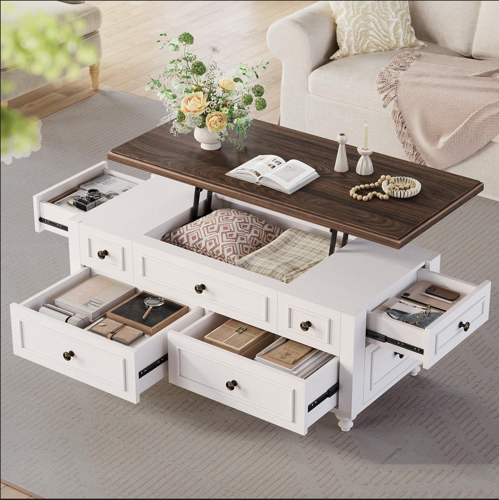 47.2" Lift Top Coffee Table with Storage, Farmhouse Coffee Table with Large Hidden Storage Compartment and 4 Drawers, Square Coffee Tables for Living Room, White