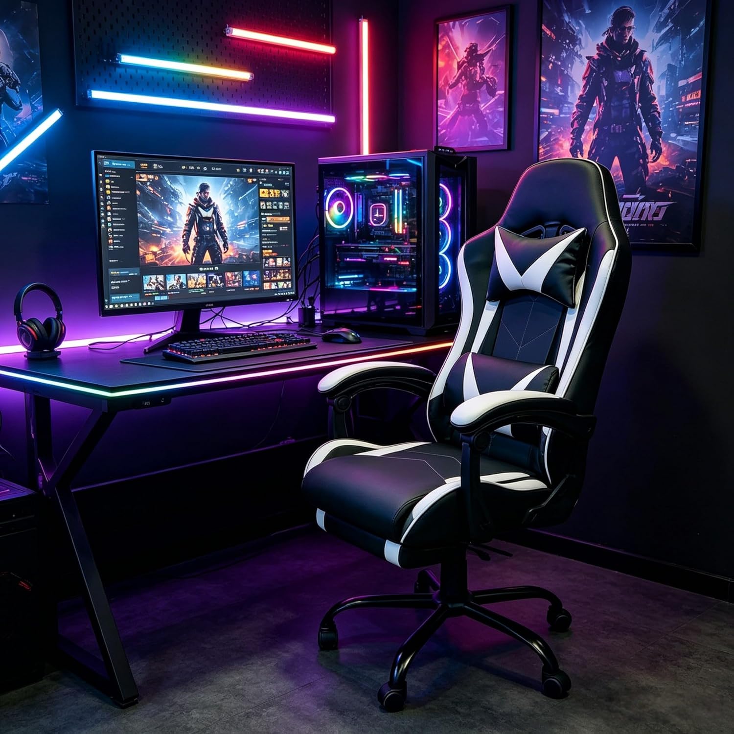 Gaming Chair, Ergonomic Computer Chair with Footrest and Lumbar Support, Height Adjustable Video Game Chair with 360° Swivel Seat and Headrest for Office, Home, Streaming and Gaming (White)