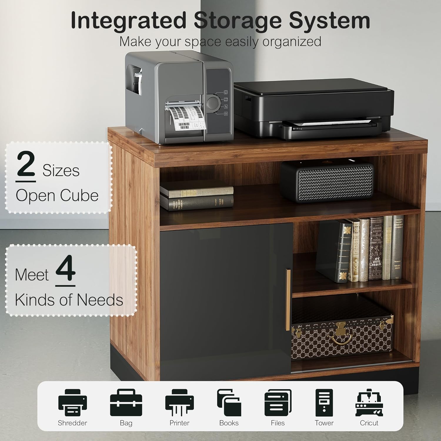 ModernMate Modern Wood Accent Storage Cabinet with Sliding Door, Adjustable Open Shelves, Floor Standing Storage Cabinet for Home Office,Tool, Arts, Craft,Supply,31”W×20”D×29”H, Black Walnut