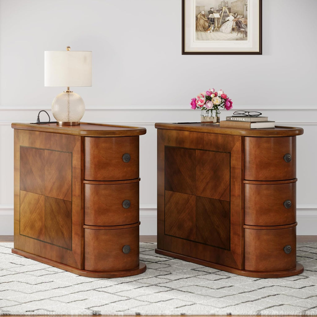 Solid Wood End Table with Charging Station, No Assembly Required Narrow Sofa Side Table for Living Room, Vintage Slim Nightstand Bedside Table (3 Drawers, Brown, 1Pc)