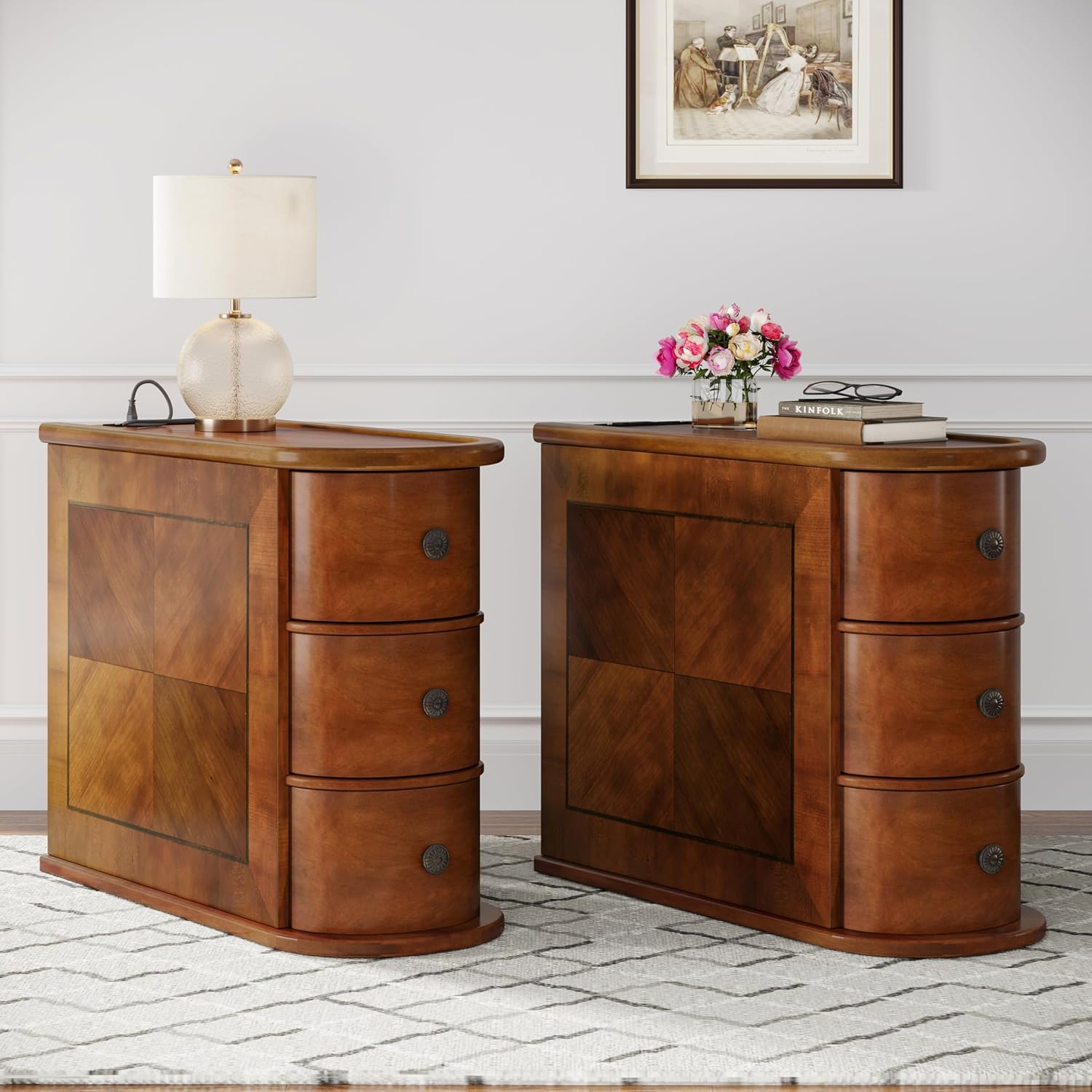 Solid Wood End Table with Charging Station, No Assembly Required Narrow Sofa Side Table for Living Room, Vintage Slim Nightstand Bedside Table (3 Drawers, Brown, 1Pc)
