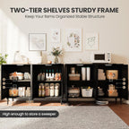 Patikuin Rattan Sideboard Buffet Cabinet, Boho Accent Storage Cabinet, 4 Doors Console Table Coffee Bar with Power Outlet, Adjustable Shelves for Kitchen, Dining Room, Hallway, Living Room (Black_1)