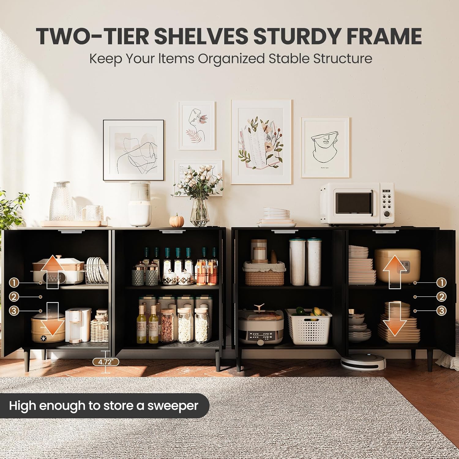 Patikuin Rattan Sideboard Buffet Cabinet, Boho Accent Storage Cabinet, 4 Doors Console Table Coffee Bar with Power Outlet, Adjustable Shelves for Kitchen, Dining Room, Hallway, Living Room (Black_1)