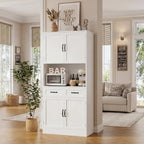 HOSTACK 71“ Tall Kitchen Pantry Storage Cabinet, Modern Kitchen Hutch Bar Cabinet with Microwave Stand, Wood Buffet Sideboard with Hutch, Cupboard with Drawers, Shelves for Dining Room, White