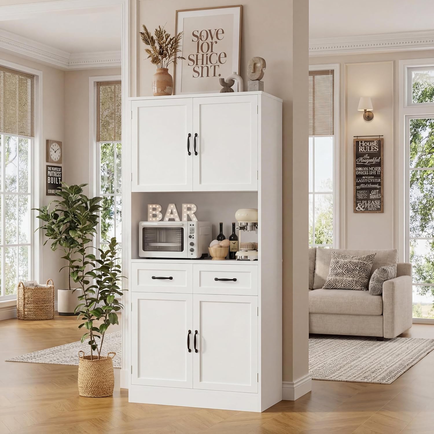 HOSTACK 71“ Tall Kitchen Pantry Storage Cabinet, Modern Kitchen Hutch Bar Cabinet with Microwave Stand, Wood Buffet Sideboard with Hutch, Cupboard with Drawers, Shelves for Dining Room, White