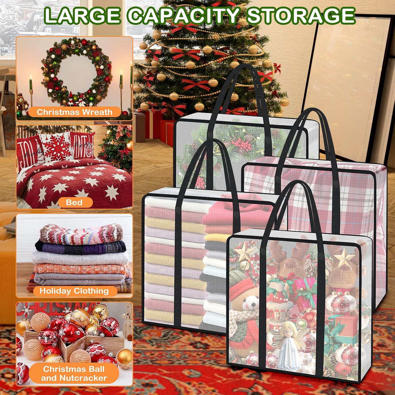 Lukeline 4 Pack Wreath Storage Bag,Clear Christmas Garland Container,Moving Bag with Handles and Zipper,Christmas Wreath Storage Carrying Bag