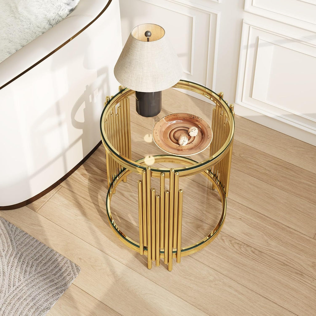 KEIKI 19.7''D Round Glass Side End Table with 2 Tiers, Accent Couch Sofa Bedside Table Night Stand for Living Room Bedroom Office, Tempered Glass-top, Artistic Stainless Steel Organ Pipe Design Legs