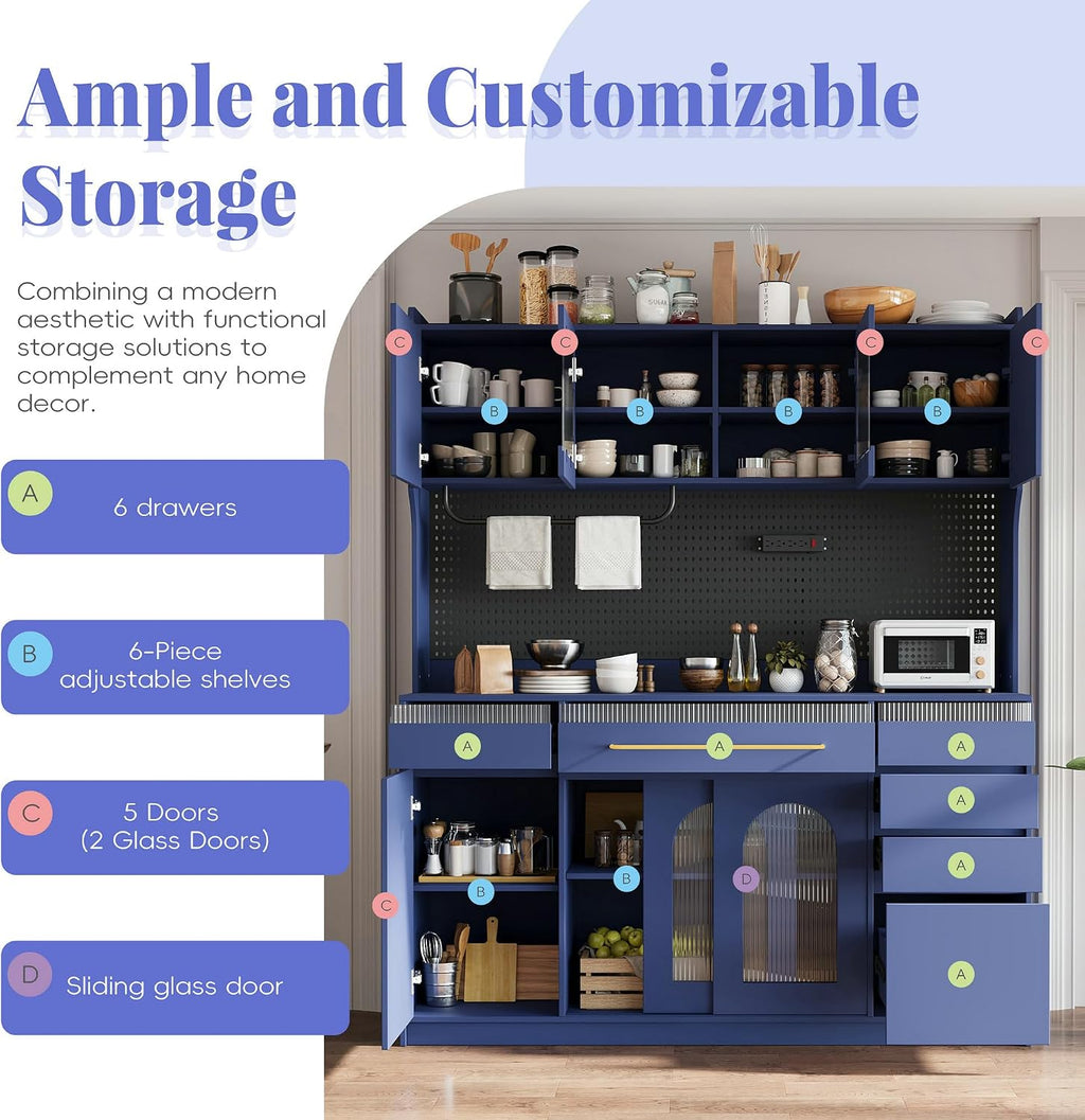 SOFTSEA Tall Kitchen Pantry with Hutch and 6 Drawers, Large Coffee Bar Storage Cabinet with 5 Doors & Adjustable Shelves, Pantry Organizer with Pegboard and Power Outlet, for Dining Room, Blue