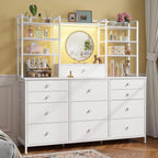 Romorgniz White Dresser for Bedroom with 12 Drawers & LED Lights, Fabric Dressers & Chests of Drawers with Open Shelves, Vanity Dresser Organizer with Metal Frame Wooden Shelf for Entryway Closet