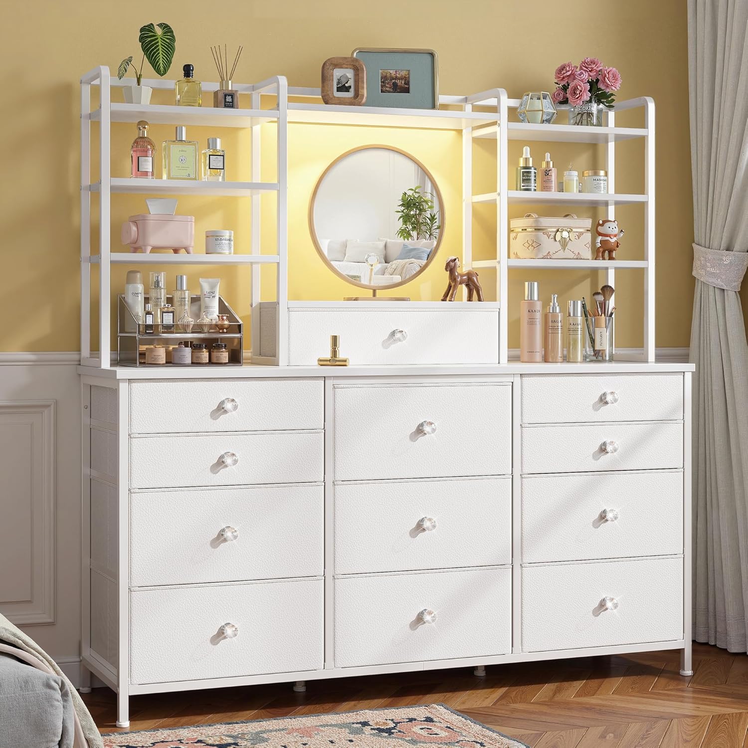 Romorgniz White Dresser for Bedroom with 12 Drawers & LED Lights, Fabric Dressers & Chests of Drawers with Open Shelves, Vanity Dresser Organizer with Metal Frame Wooden Shelf for Entryway Closet