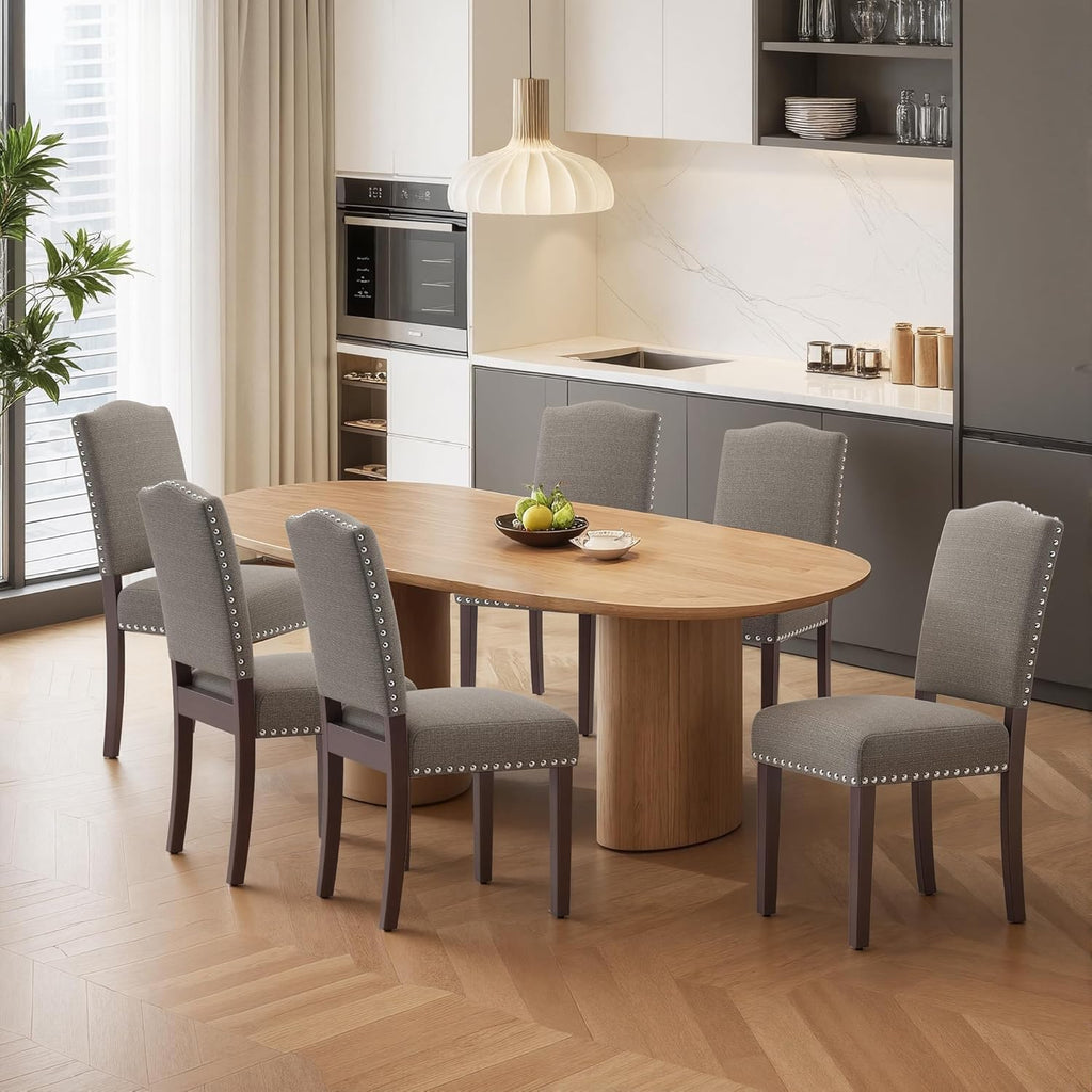 Upholstered Dining Chairs Set of 6 with Thickened Seat Cushion, Wooden Mid-Century Modern Fabric Farmhouse Kitchen Chairs for Dining Room Living/Restaurant/Reading Room