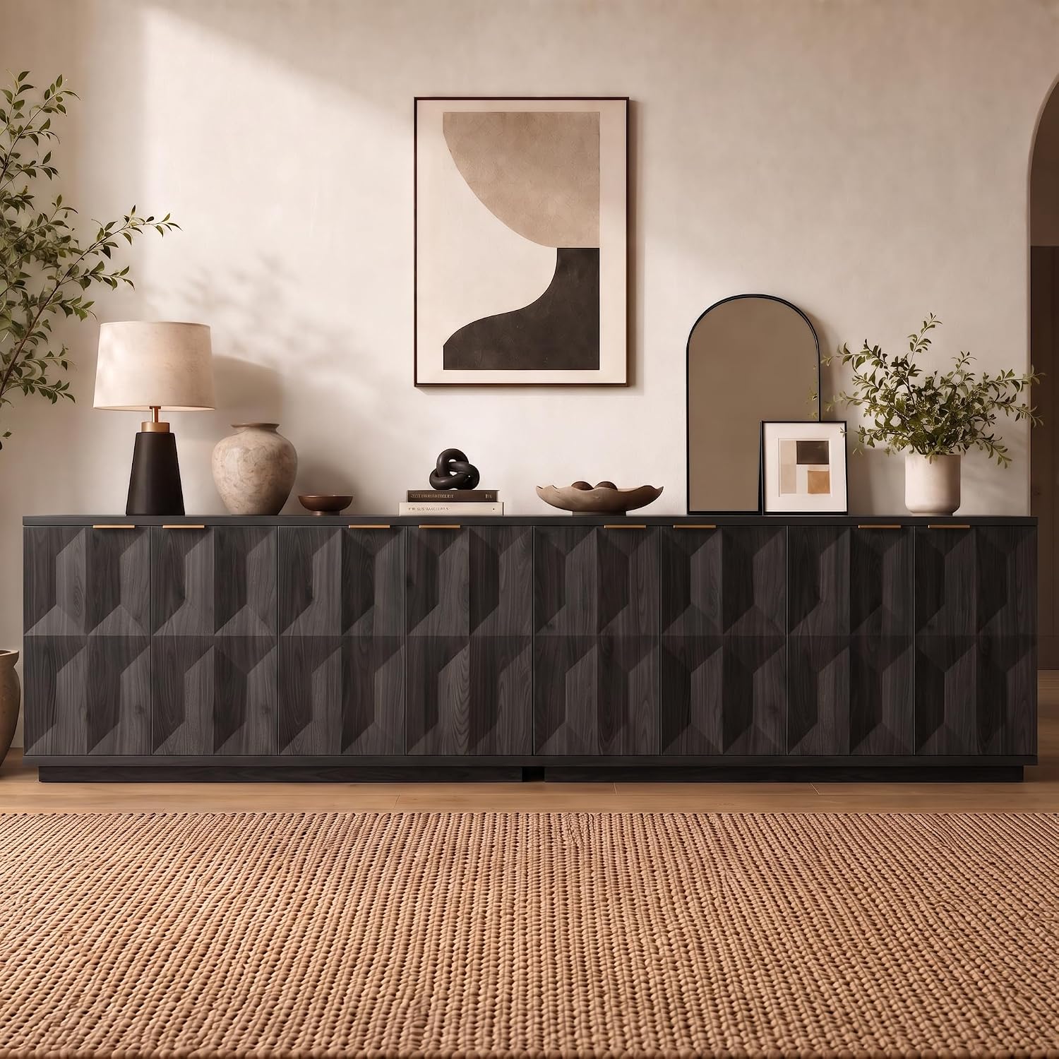 Brafab Buffet Cabinet, 118" Modern Mid-Century Credenza with 8 Doors, Wood Sideboard Cabinet with Geometric Doors for Living Room and Kitchen, Black