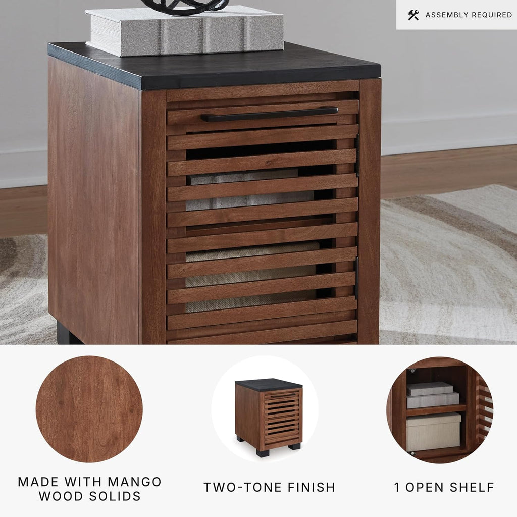 Signature Design by Ashley Kallari Industrial Chairside End Table with Cabinet and Shelf, Dark Brown & Black