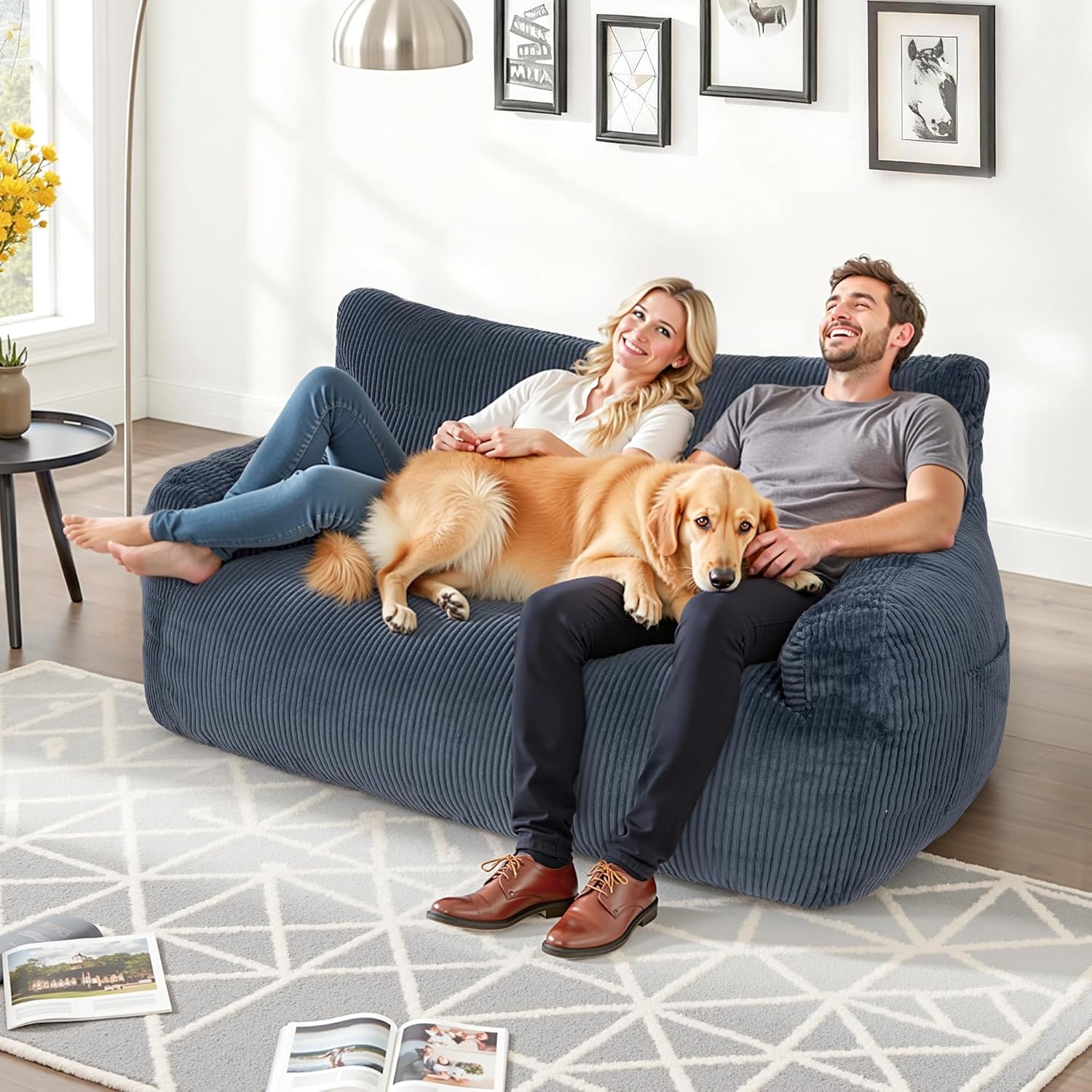Pamapic 59" Bean Bag Chair,2 Seat Loveseat Sofa,Ultra Soft Dutch Velvet,Fluffy Comfort Washable Cover,Corduroy Lazy Sofa Bed for Adults,Fit Living Room, Bedroom,Outdoor Spaces,72h Rebound,Blue