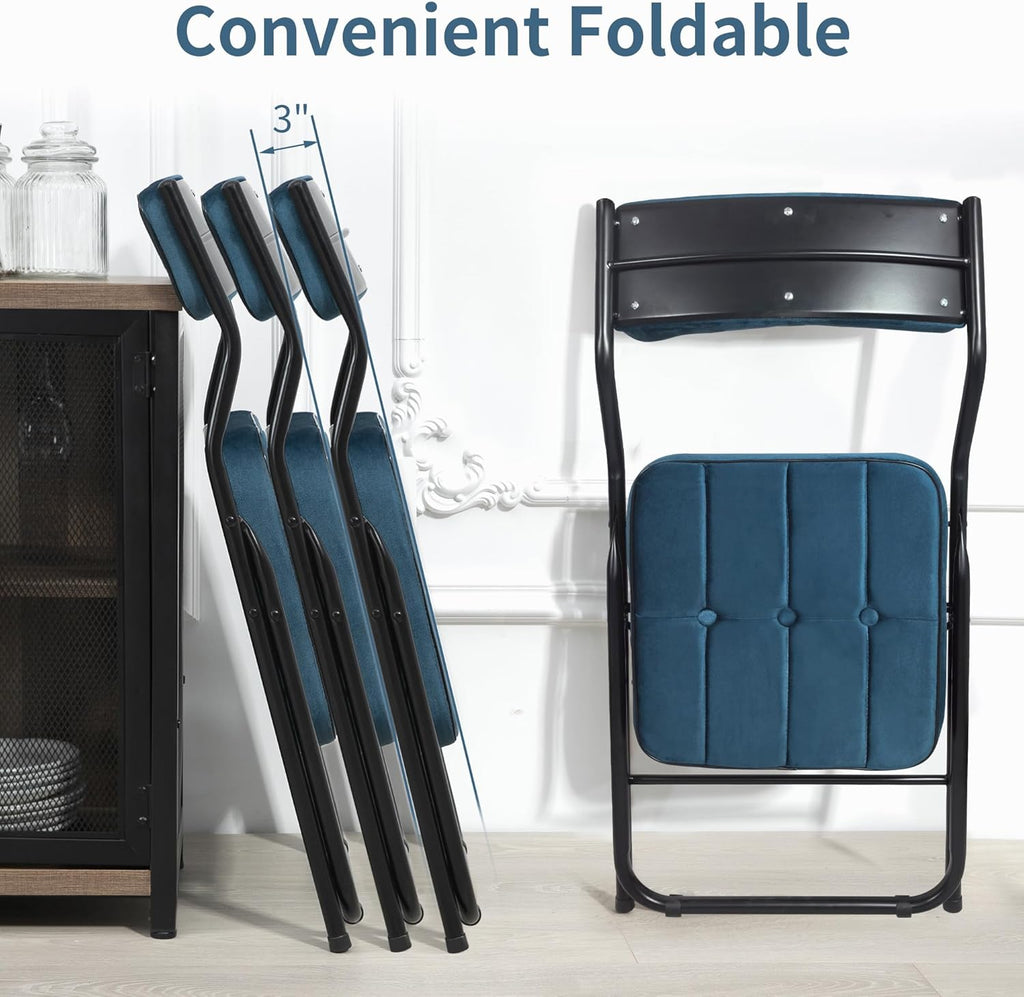 HOMEFUN Padded Folding Chairs 4 Pack - Foldable Dining Chair with Cushion, Portable and Assembled Extra Seat for Guests Kitchen Office Wedding Party Bule