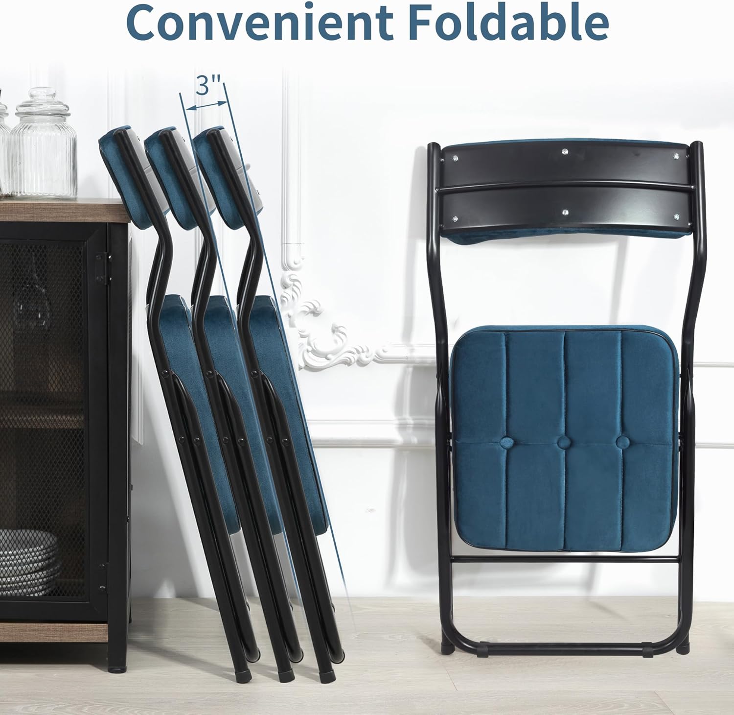 HOMEFUN Padded Folding Chairs 4 Pack - Foldable Dining Chair with Cushion, Portable and Assembled Extra Seat for Guests Kitchen Office Wedding Party Bule