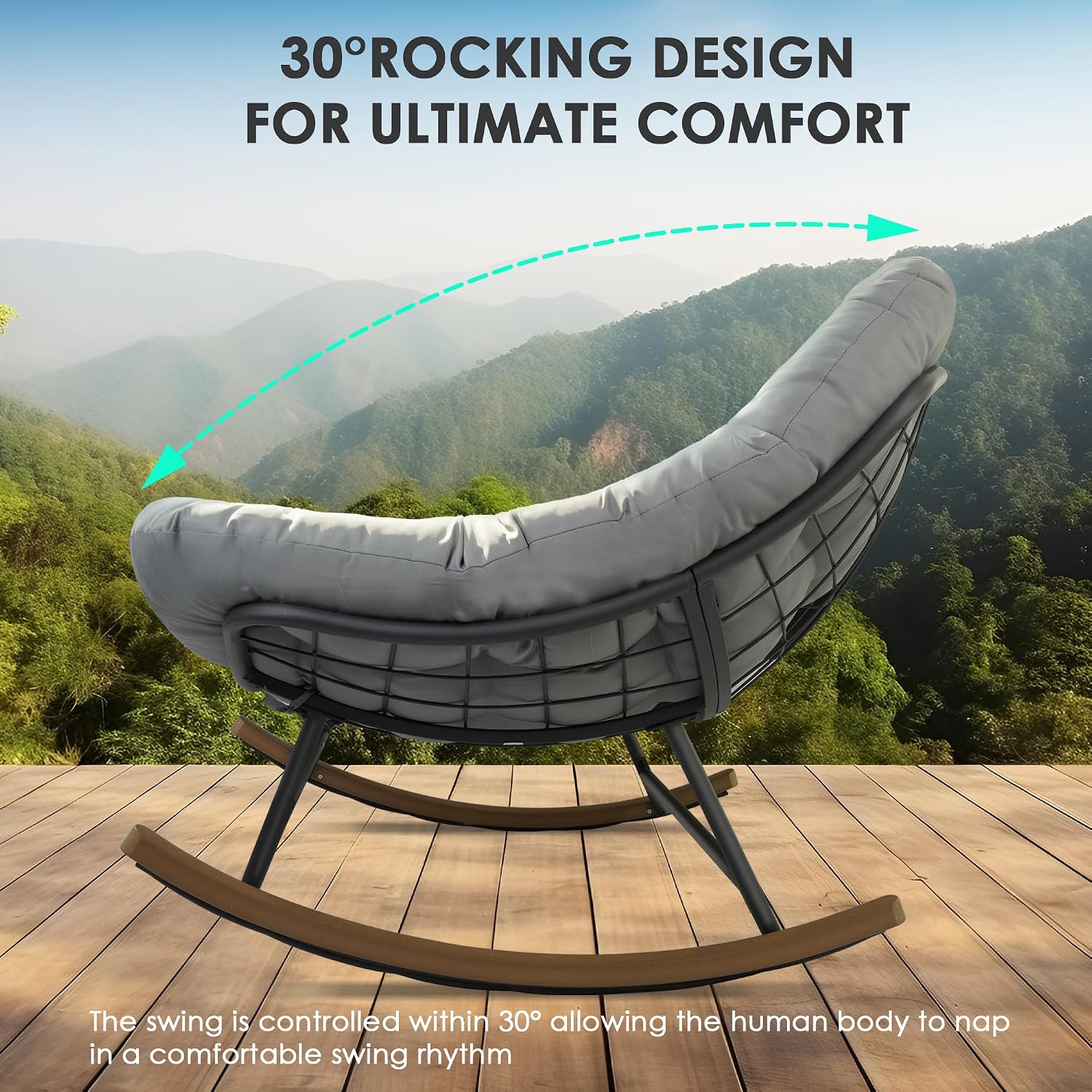 Double Papasan Rocking Chair, Oversized Outdoor & Indoor Loveseat with Thick Cushion, Heavy-Duty Steel Frame, 660 lbs Capacity, Egg Rocking Chair for Porch, Patio, Garden, Living Room (Gray)